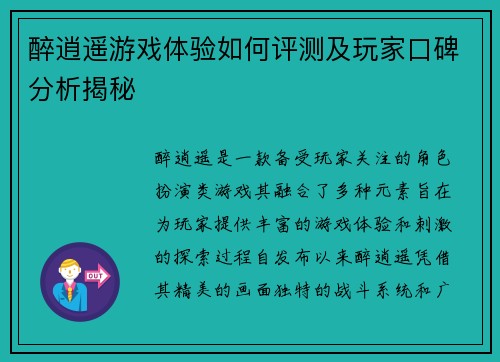 醉逍遥游戏体验如何评测及玩家口碑分析揭秘