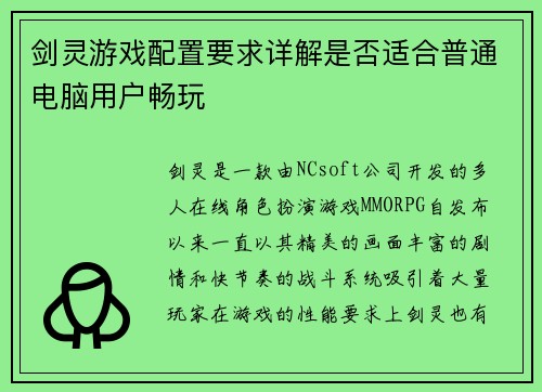 剑灵游戏配置要求详解是否适合普通电脑用户畅玩